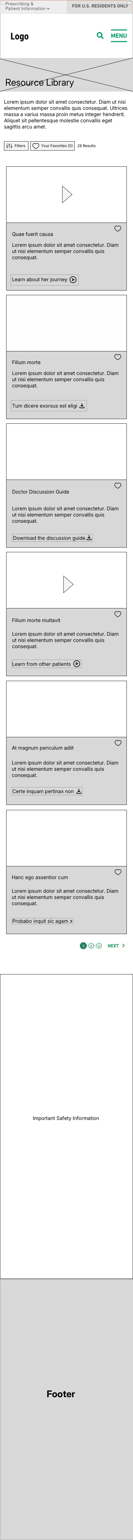 Mobile-first resource library wireframes