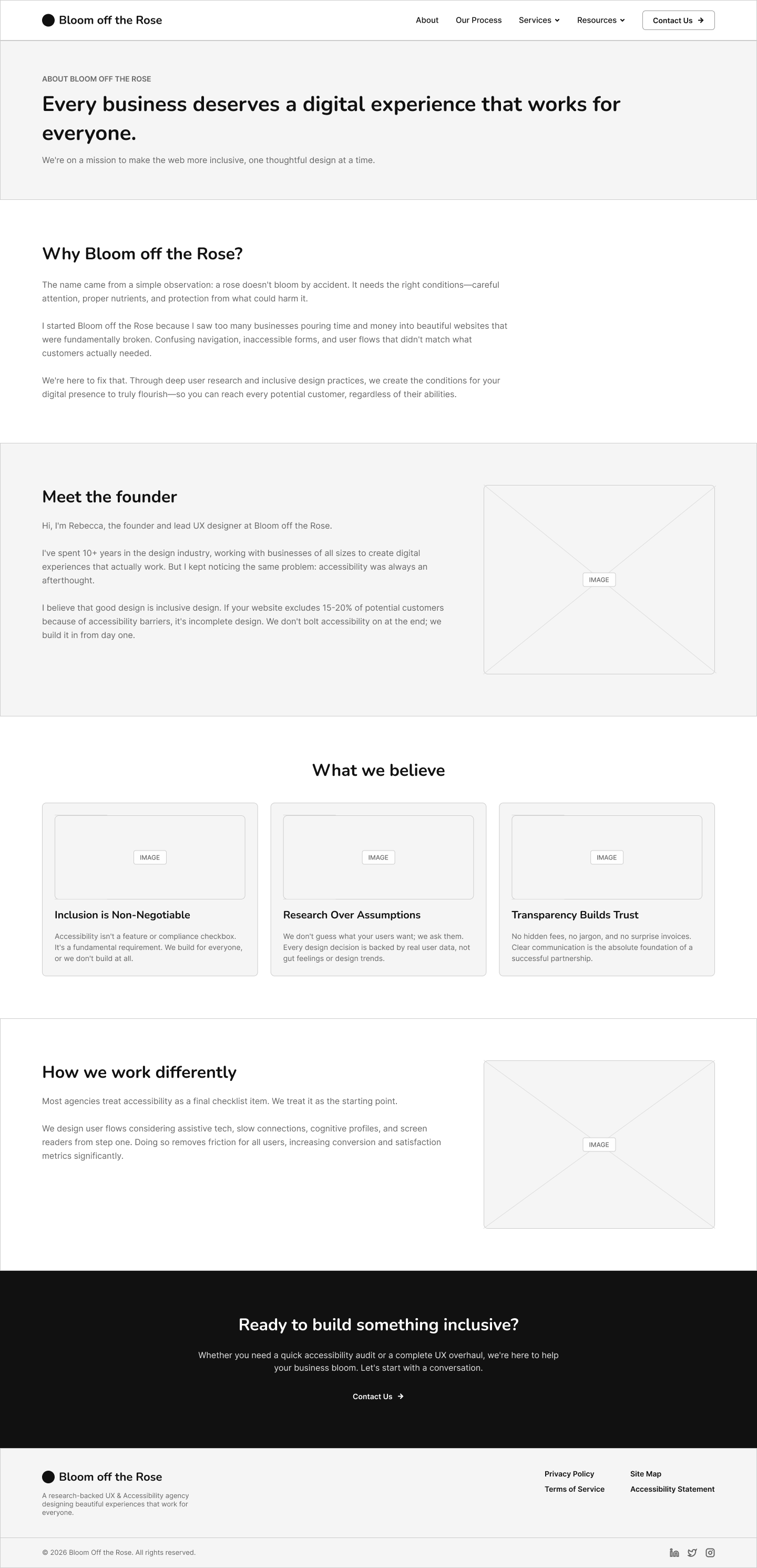 Desktop wireframe of the About page layout