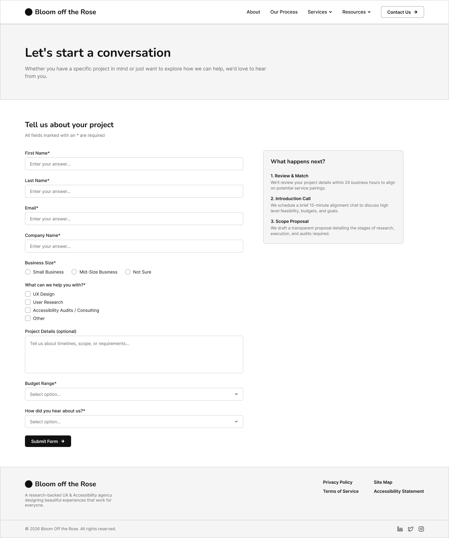 Desktop wireframe of the Contact page layout