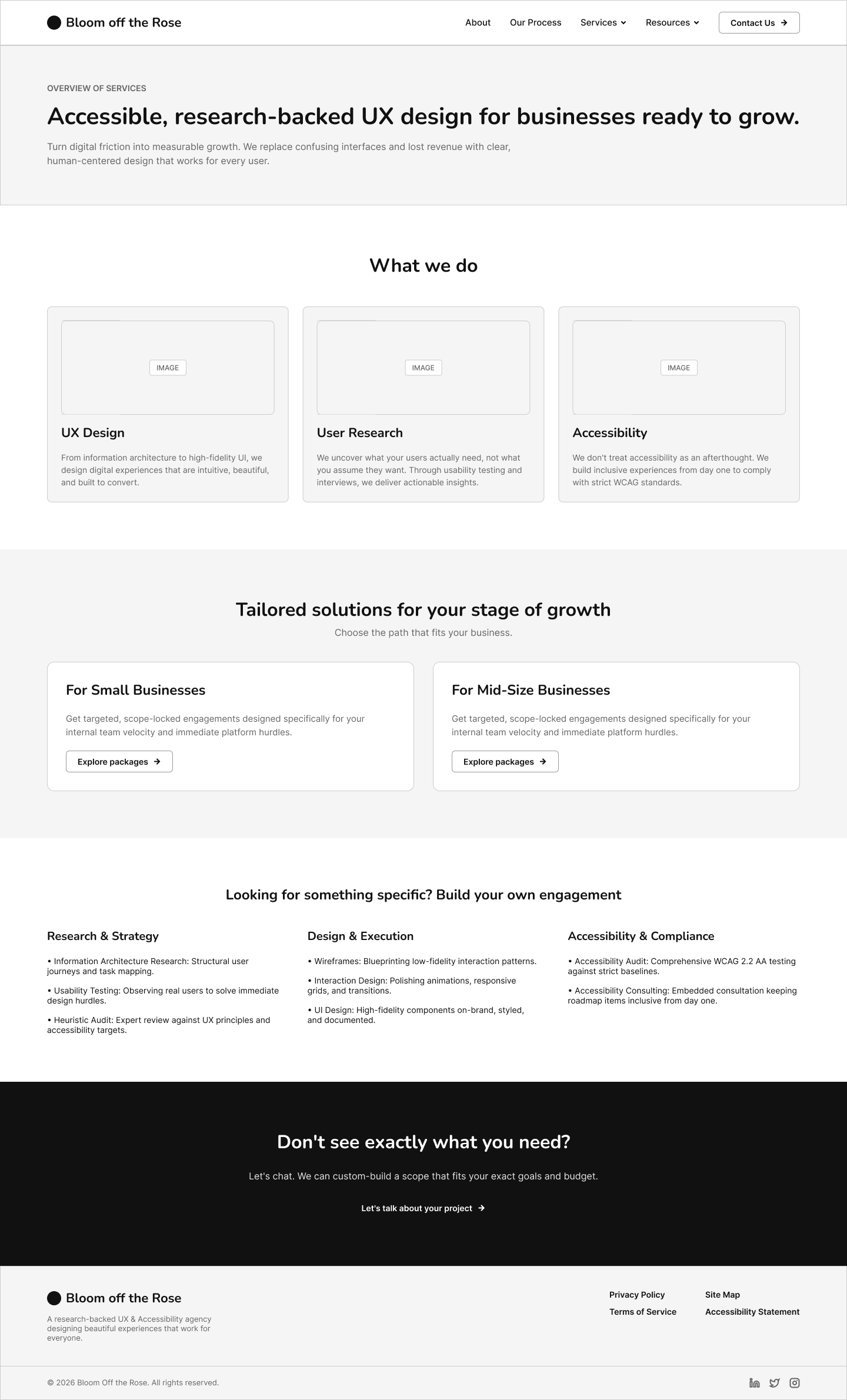 Desktop wireframe of the Services page layout
